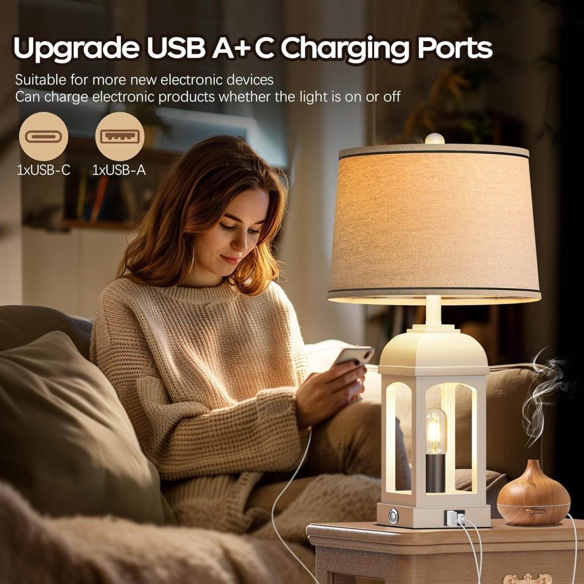 Farmhouse Rustic Set Of 2 USB Table Lamps With Nightlight - Sleep Galleria