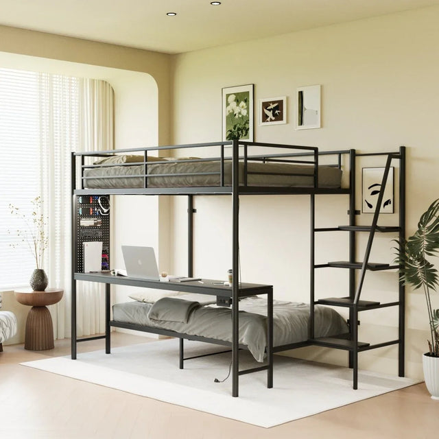 Full Size Metal Wood Bunk Bed With LED Light And Desk - Omega Lifestyles