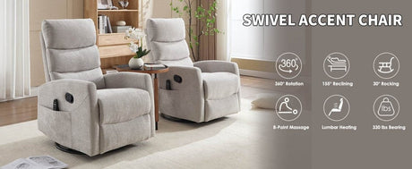 Medium - Firm Heat Massage Recliner Chair With Swivel And Rocker - Calmora - Omega Lifestyles