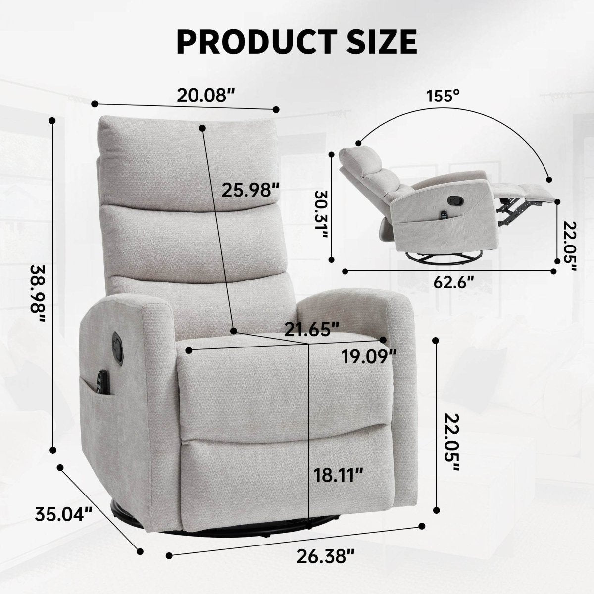 Medium - Firm Heat Massage Recliner Chair With Swivel And Rocker - Calmora - Omega Lifestyles