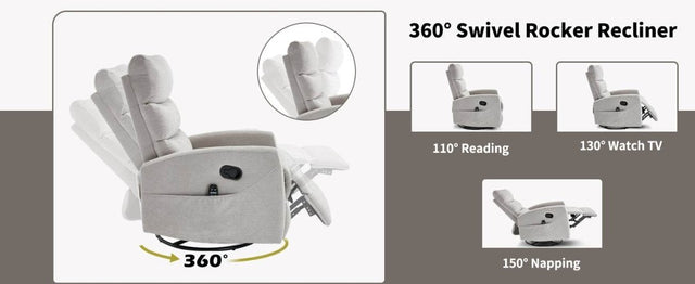 Medium-Firm Heat Massage Recliner Chair With Swivel And Rocker - Omega Lifestyles