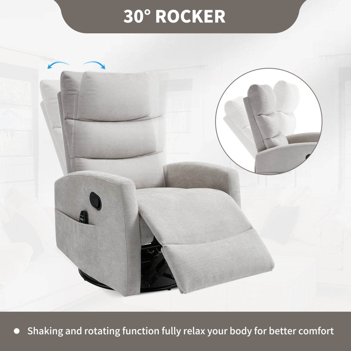 Medium - Firm Heat Massage Recliner Chair With Swivel And Rocker - Calmora - Omega Lifestyles