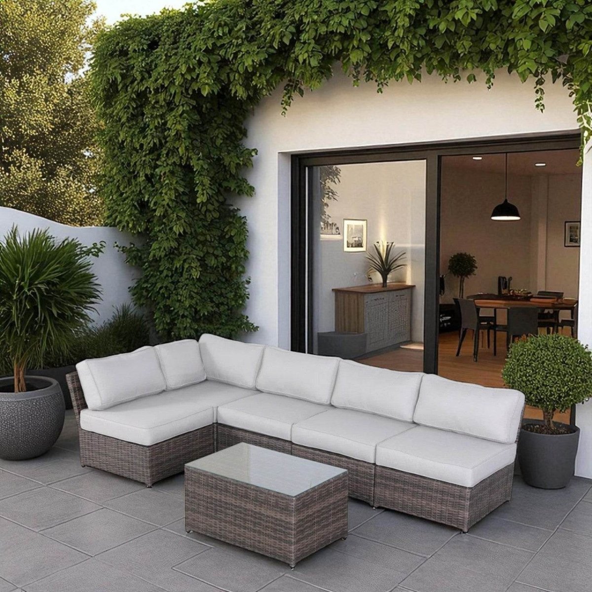 Modern Outdoor 6 - Piece Wicker Seating Set With Cushions - Calmora - Omega Lifestyles