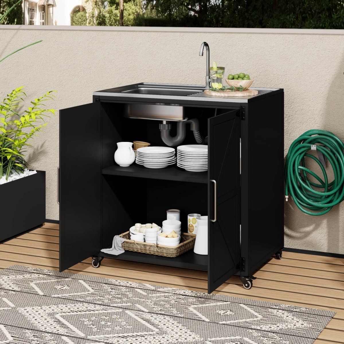 Outdoor Stainless Steel Sink Cart With Storage Cabinet - Calmora - Omega Lifestyles