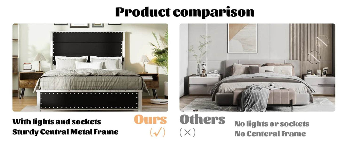 PU Leather Platform Bed Frame with Charging Station and LED Lights - Omega Lifestyles