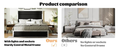 PU Leather Platform Bed Frame with Charging Station and LED Lights - Omega Lifestyles