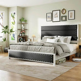 PU Leather Platform Bed Frame with Charging Station and LED Lights - Omega Lifestyles
