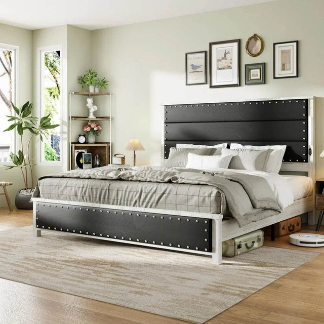 PU Leather Platform Bed Frame with Charging Station and LED Lights - Omega Lifestyles