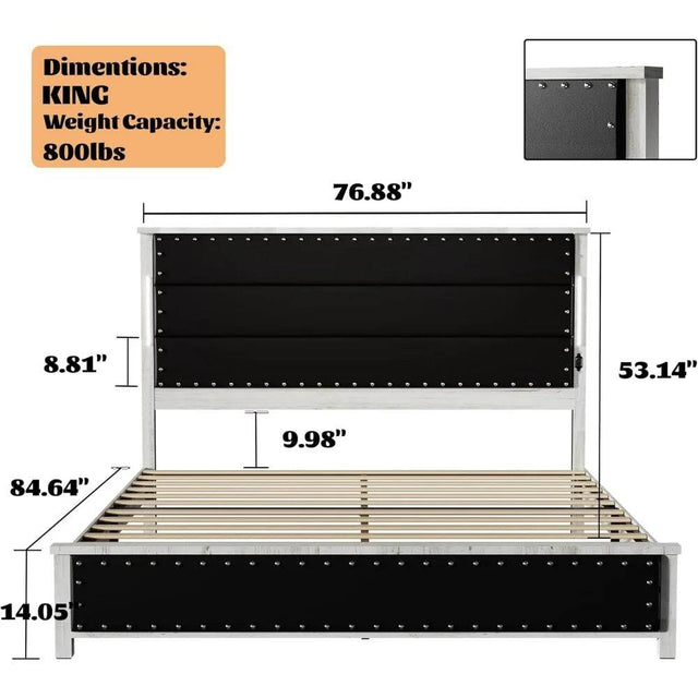 PU Leather Platform Bed Frame with Charging Station and LED Lights - Omega Lifestyles