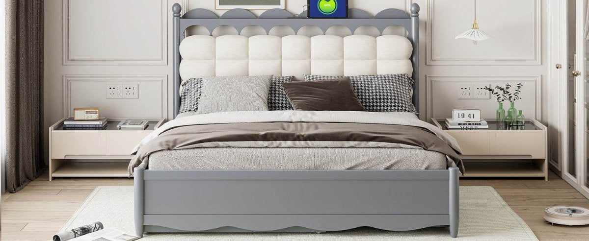 Queen Platform Bed With Trundle Drawers USB Ports Gray - Omega Lifestyles