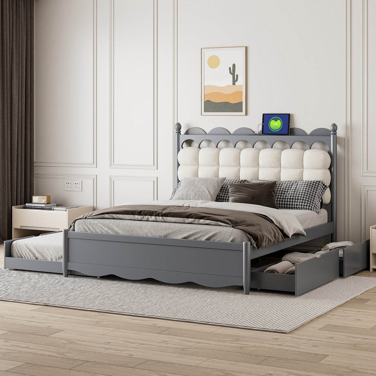 Queen Platform Bed With Trundle Drawers USB Ports Gray - Omega Lifestyles