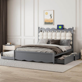 Queen Platform Bed With Trundle Drawers USB Ports Gray - Omega Lifestyles