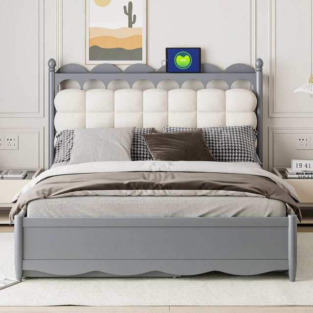Queen Platform Bed With Trundle Drawers USB Ports Gray - Omega Lifestyles