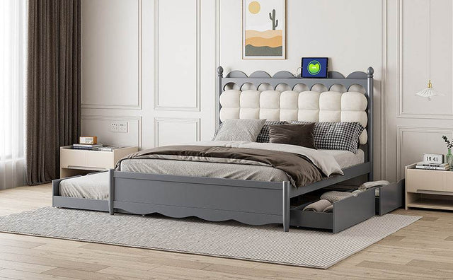 Queen Platform Bed With Trundle Drawers USB Ports Gray - Omega Lifestyles