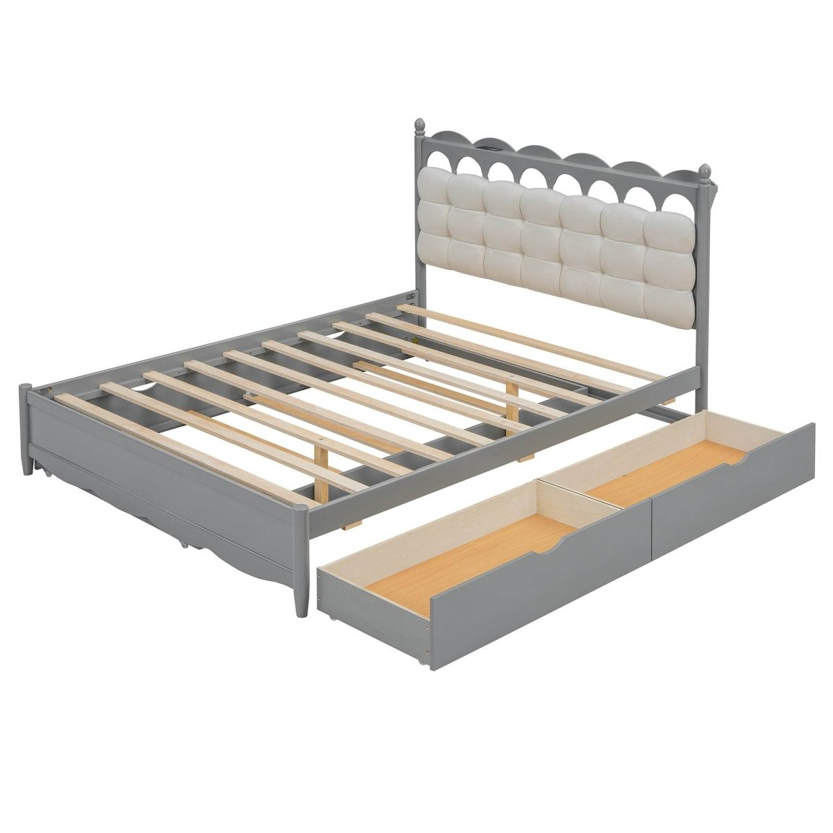 Queen Platform Bed With Trundle Drawers USB Ports Gray - Omega Lifestyles