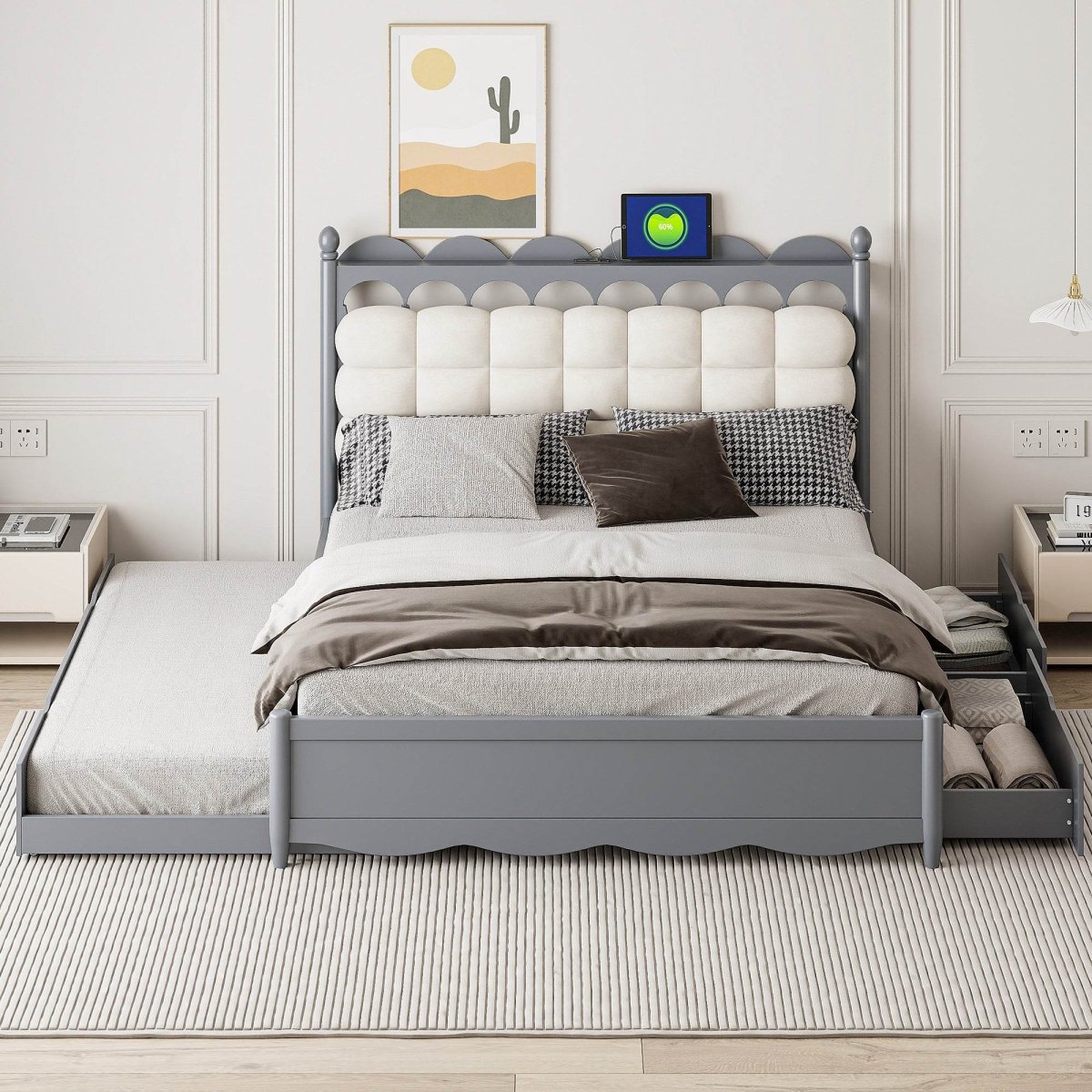 Queen Platform Bed With Trundle Drawers USB Ports Gray - Omega Lifestyles