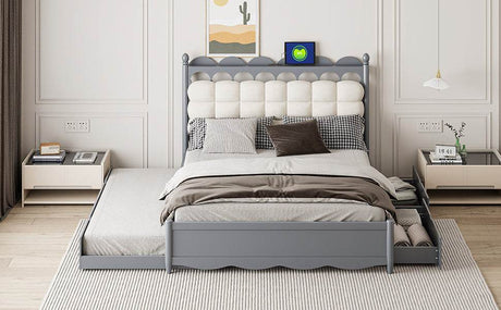 Queen Platform Bed With Trundle Drawers USB Ports Gray - Omega Lifestyles