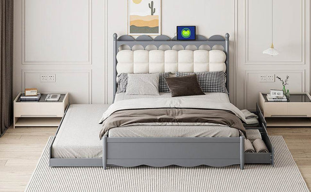 Queen Platform Bed With Trundle Drawers USB Ports Gray - Omega Lifestyles