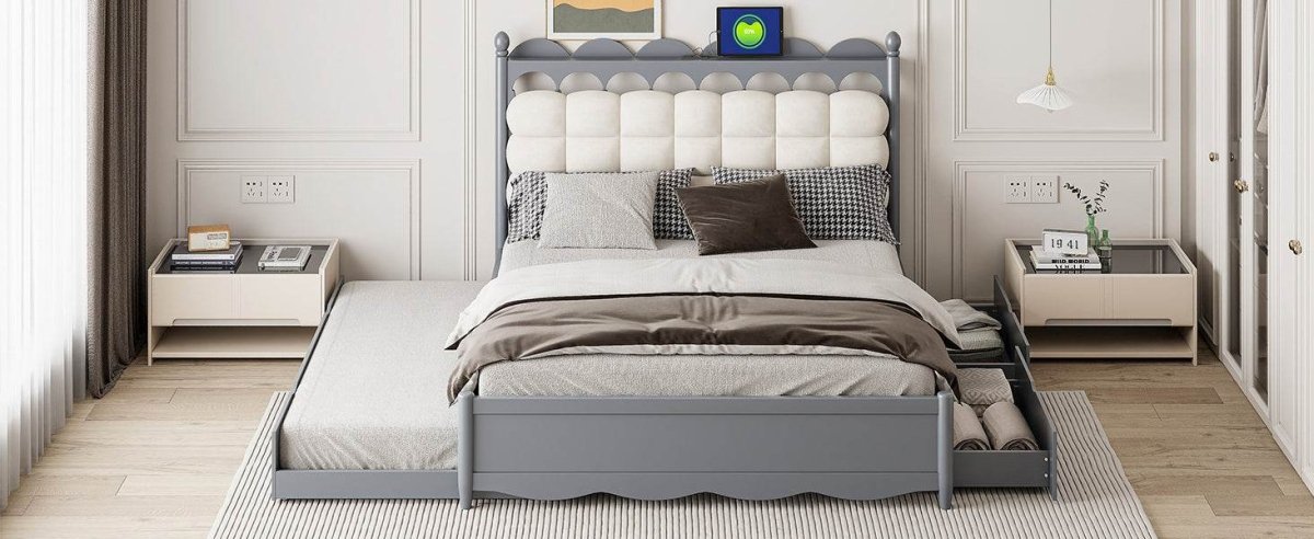 Queen Platform Bed With Trundle Drawers USB Ports Gray - Omega Lifestyles