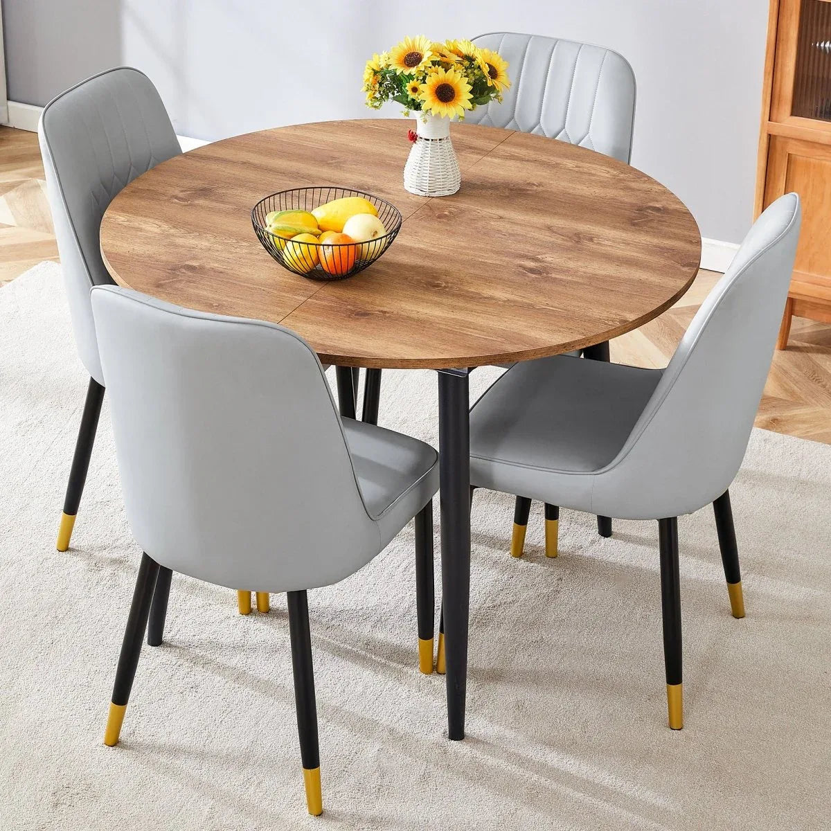 Round Extendable MDF Dining Table With 4 PU Chairs - Omega Lifestyles