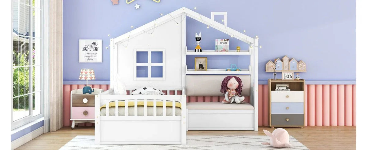 Twin Kids House Bed With Linen Sofa And Storage Drawers - Omega Lifestyles