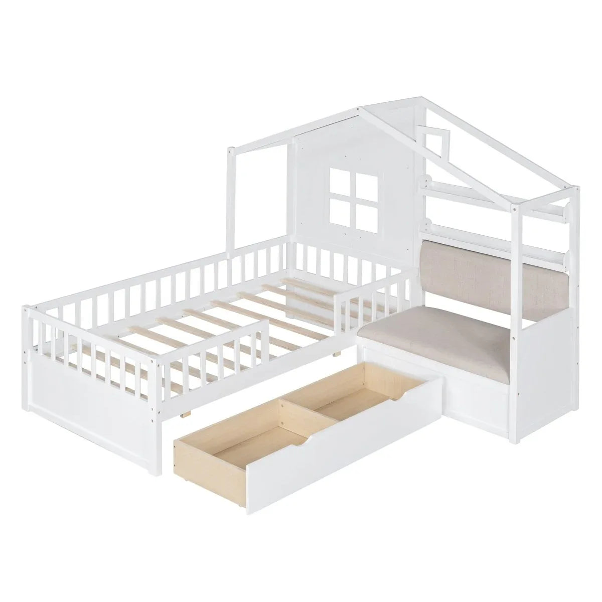Twin Kids House Bed With Linen Sofa And Storage Drawers - Omega Lifestyles