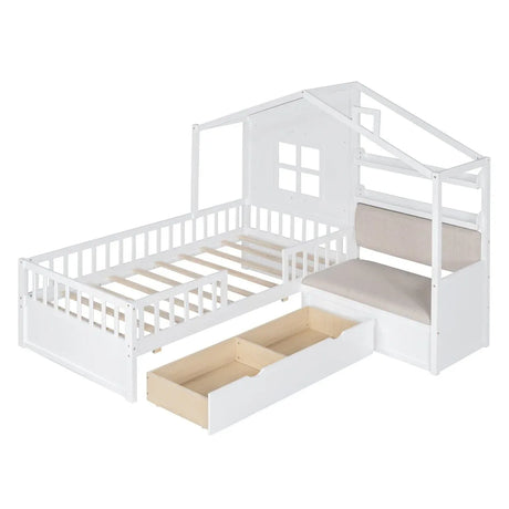 Twin Kids House Bed With Linen Sofa And Storage Drawers - Omega Lifestyles