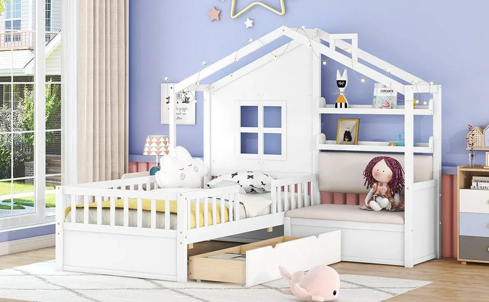 Twin Kids House Bed With Linen Sofa And Storage Drawers - Omega Lifestyles