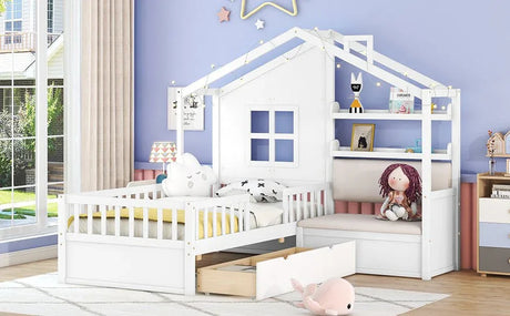 Twin Kids House Bed With Linen Sofa And Storage Drawers - Omega Lifestyles