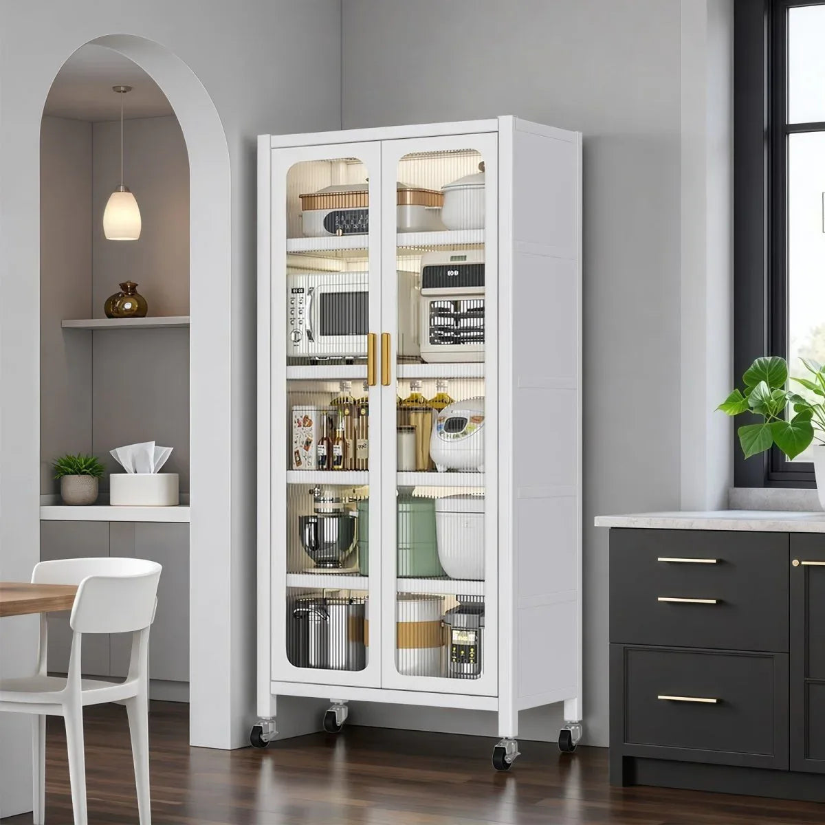 White Metal 6-Tier Storage Cabinet With Transparent Doors - Omega Lifestyles
