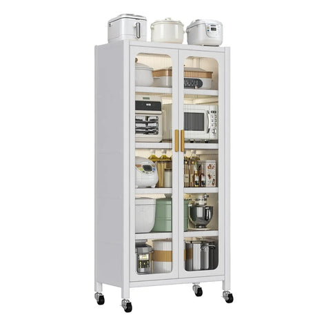 White Metal 6-Tier Storage Cabinet With Transparent Doors - Omega Lifestyles