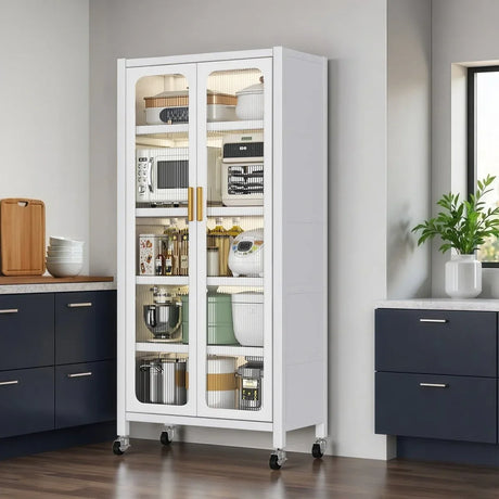 White Metal 6-Tier Storage Cabinet With Transparent Doors - Omega Lifestyles