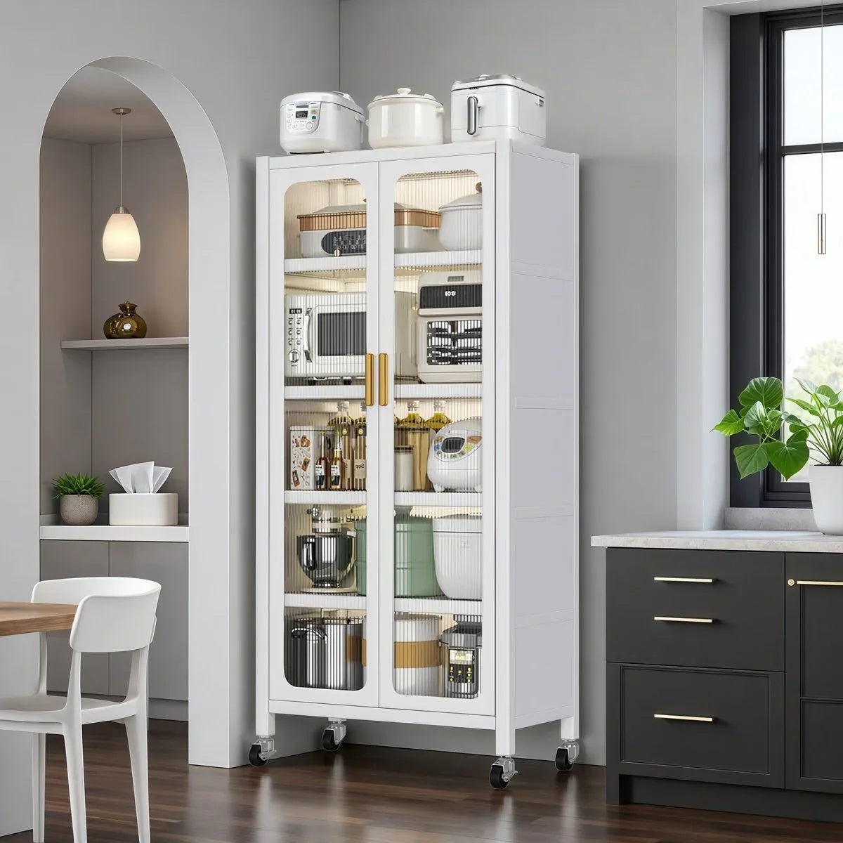 White Metal 6-Tier Storage Cabinet With Transparent Doors - Omega Lifestyles