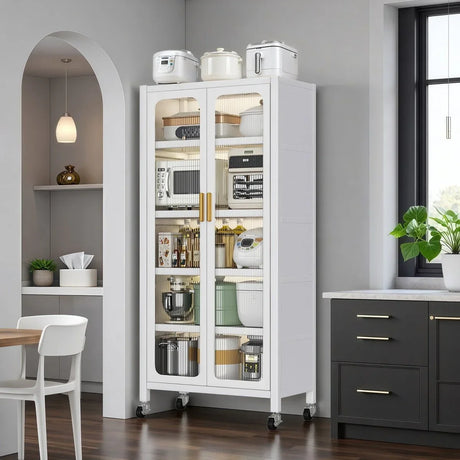 White Metal 6-Tier Storage Cabinet With Transparent Doors - Omega Lifestyles