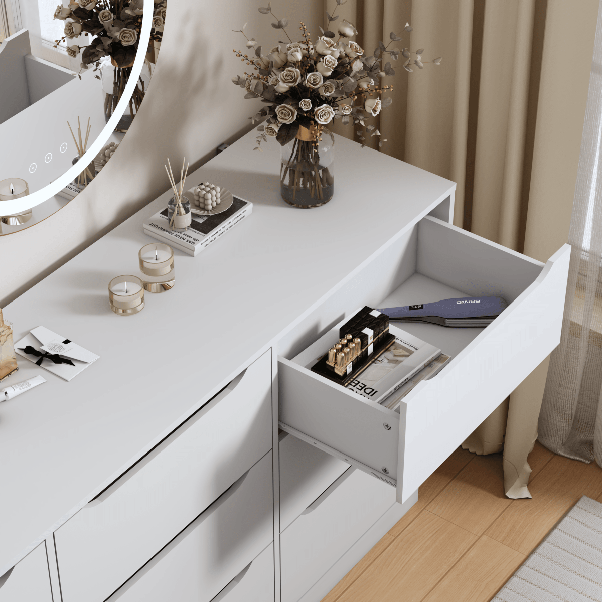 White Modern 9 - Drawer Spacious Storage Dresser - Calmora - Omega Lifestyles