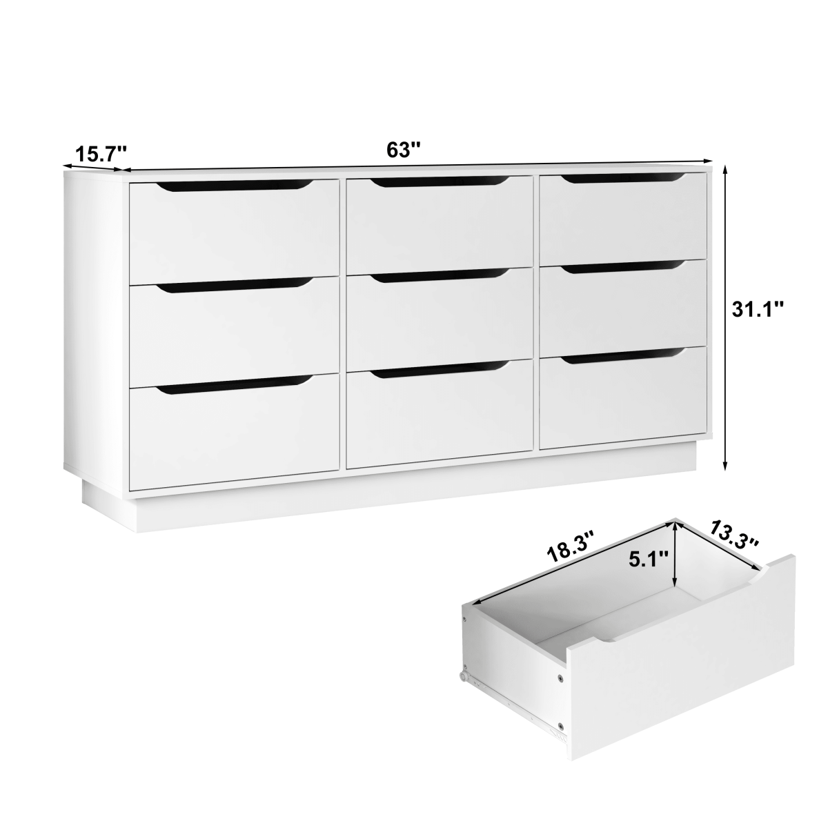 White Modern 9 - Drawer Spacious Storage Dresser - Calmora - Omega Lifestyles