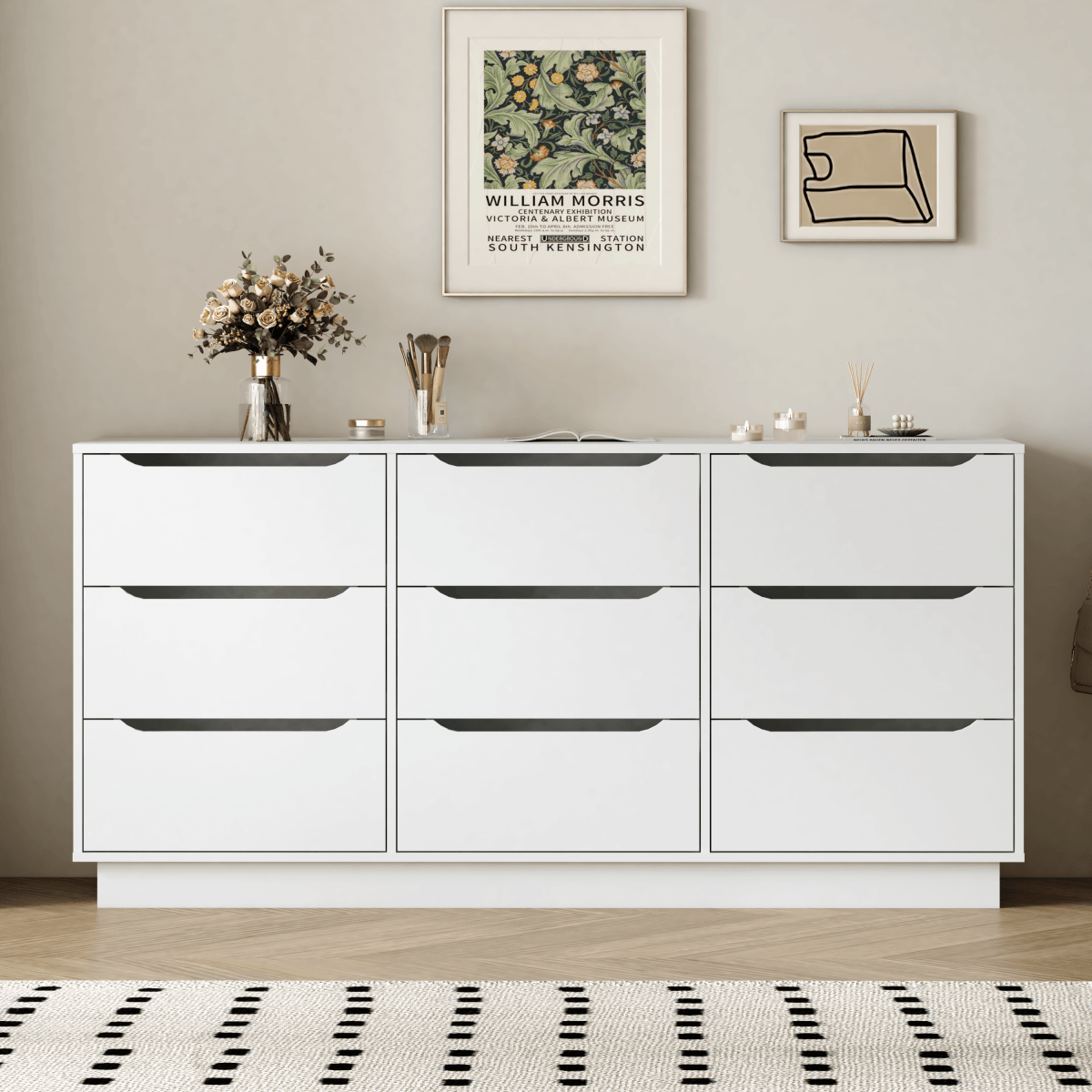 White Modern 9 - Drawer Spacious Storage Dresser - Calmora - Omega Lifestyles