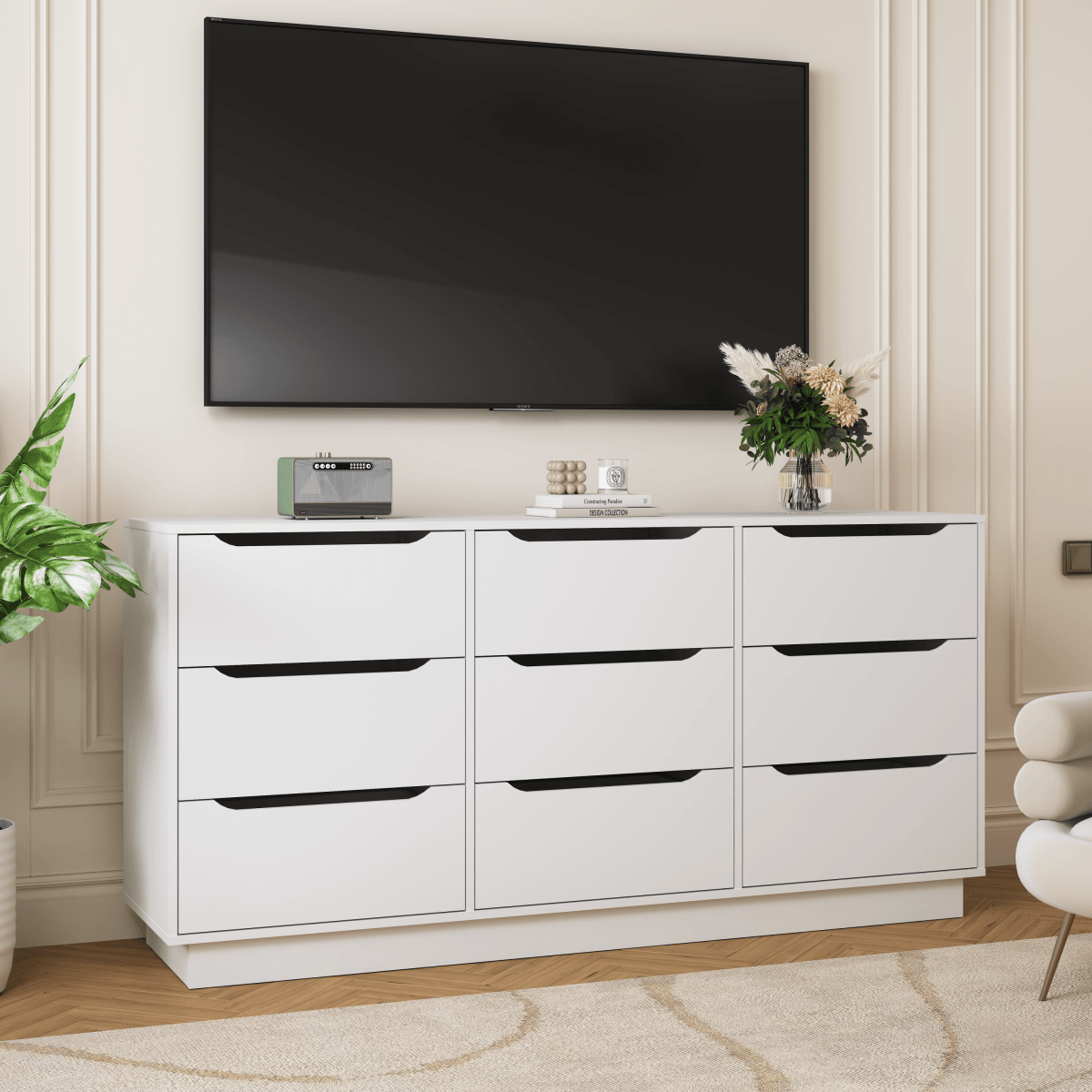 White Modern 9 - Drawer Spacious Storage Dresser - Calmora - Omega Lifestyles