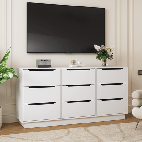 White Modern 9 - Drawer Spacious Storage Dresser - Calmora - Omega Lifestyles
