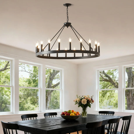 Matte Black 20-Light Farmhouse Wagon Wheel Chandelier - Omega Lifestyles
