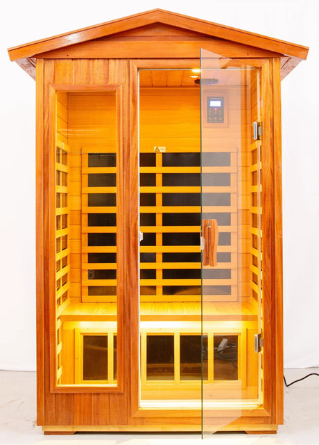 Two Person Far Infrared Khaya Wood Outdoor Sauna Room - Omega Lifestyles