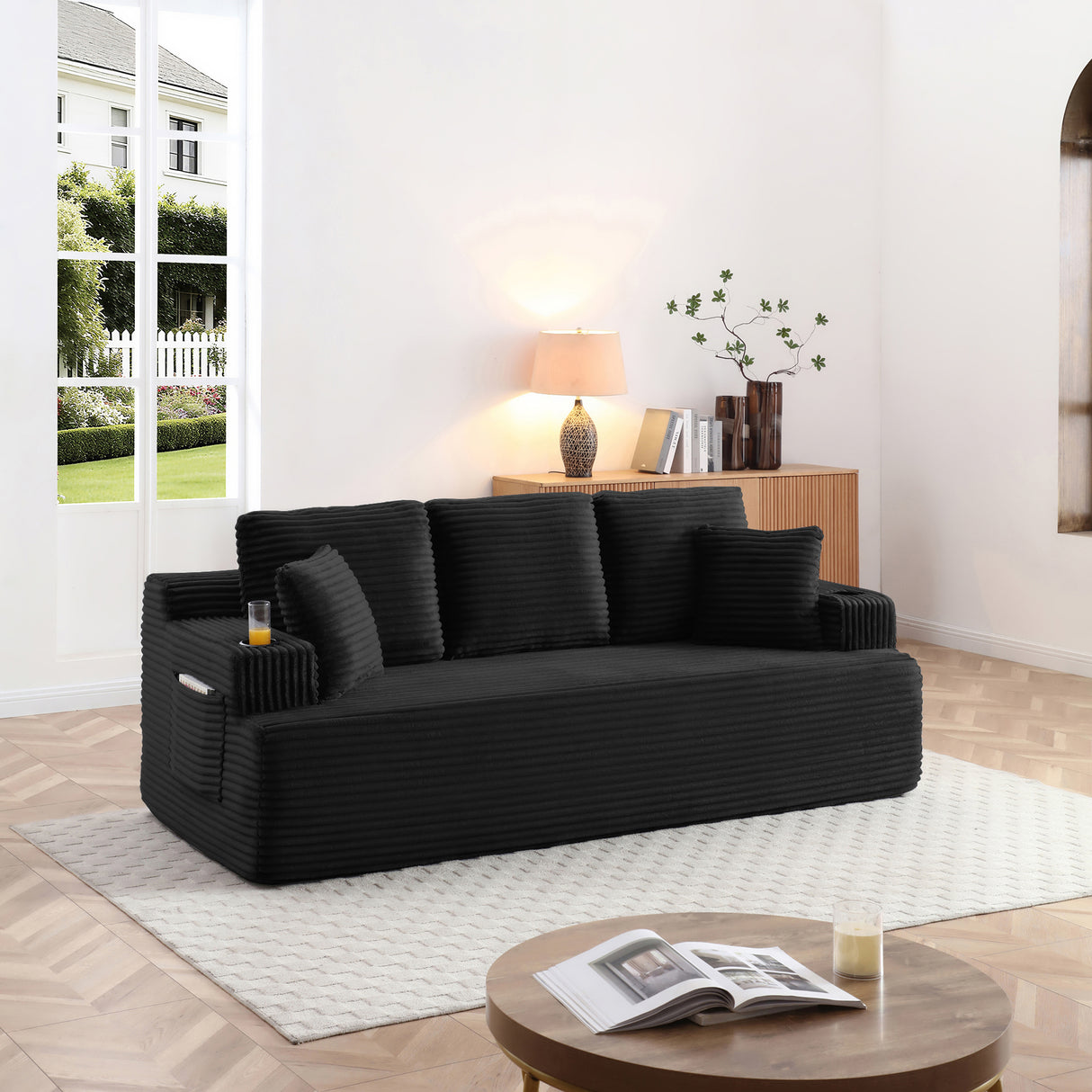 Corduroy Boneless 3-Seater Sofa Couch With Pillows