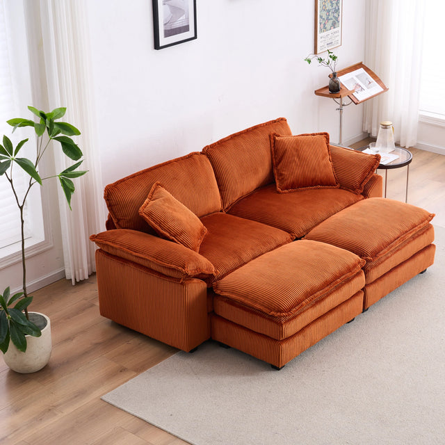 Corduroy 2-Seat Sofa With Pillows And Ottomans - Omega Lifestyles
