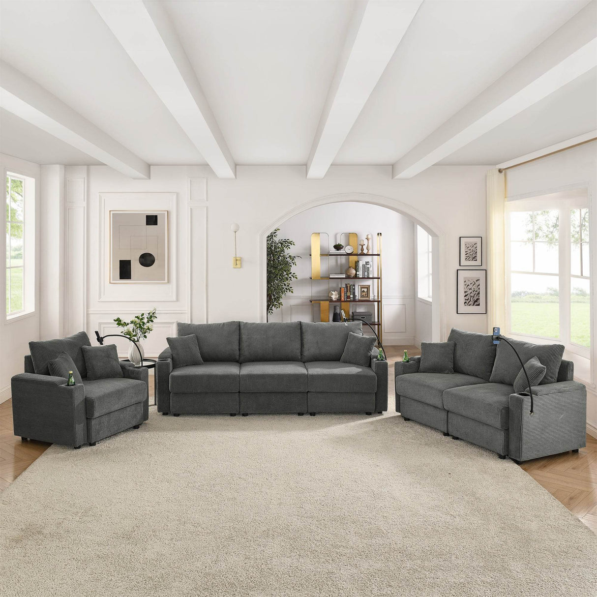 Modern 6-Seat Corduroy Fabric Armless Sofa Set - Omega Lifestyles