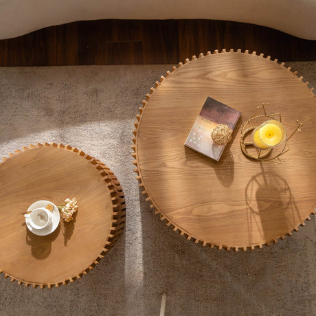 Vintage Style Natural Wood 2-Piece Round Coffee Table Set - Sleep Galleria
