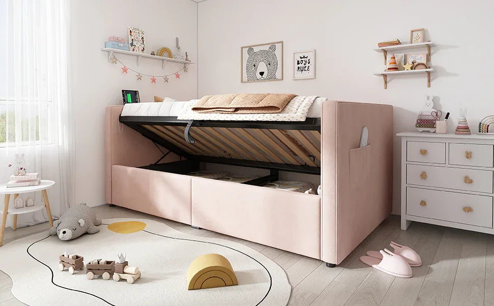 Twin Pink Velvet Upholstered Hydraulic Storage Bed Frame - Omega Lifestyles