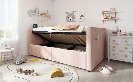 Twin Pink Velvet Upholstered Hydraulic Storage Bed Frame - Omega Lifestyles