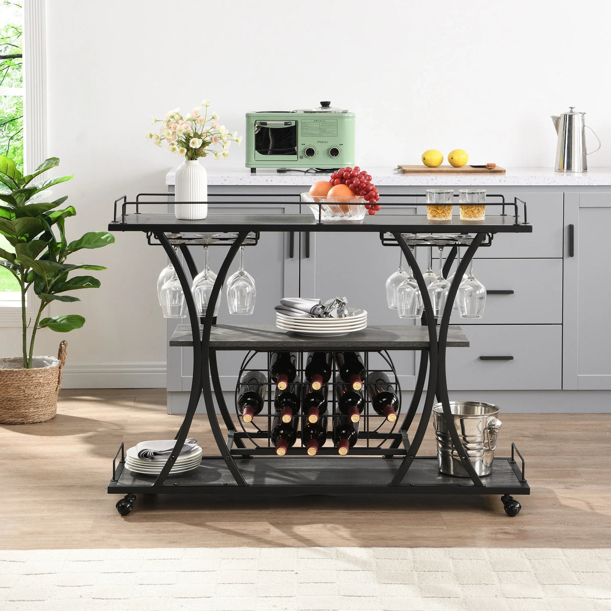 Industrial Style Mobile Iron 3-Tier Bar Cart With Casters - Omega Lifestyles