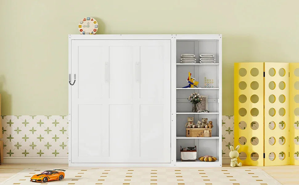 Queen Murphy Bed Wall Bed With Shelves White Solid Wood - Omega Lifestyles