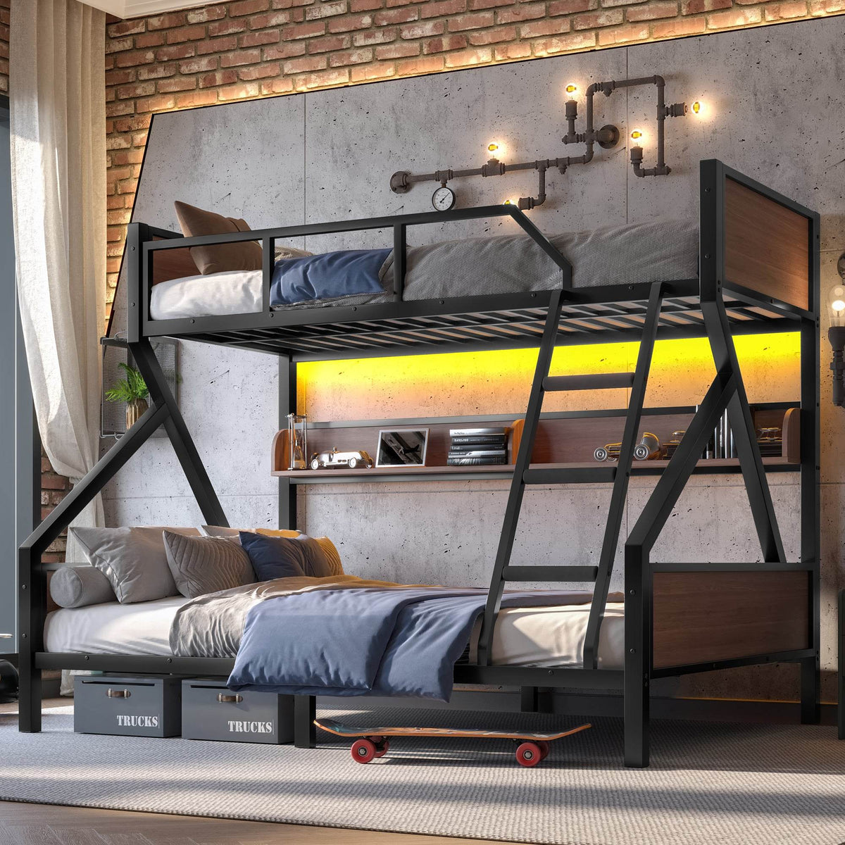 Twin XL Over Queen Metal Bunk Bed With Storage Shelves
